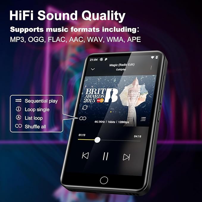 MP3 Player with Bluetooth and WiFi, ZAQE 80GB Storage & Android OS, 4" Touch Screen, FM Radio, Kids MP3 & MP4 Player with Spotify Google Play Store, Portable Media Player