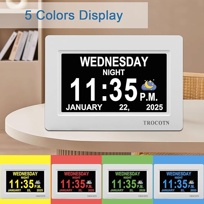 TROCOTN Dementia Clocks, Large Display Calendar Alarm Clock with Auto DST for Seniors, 5 Display Modes Large Font Digital Clock with Custom Alarms Day Date Clocks. (7 Inch White)