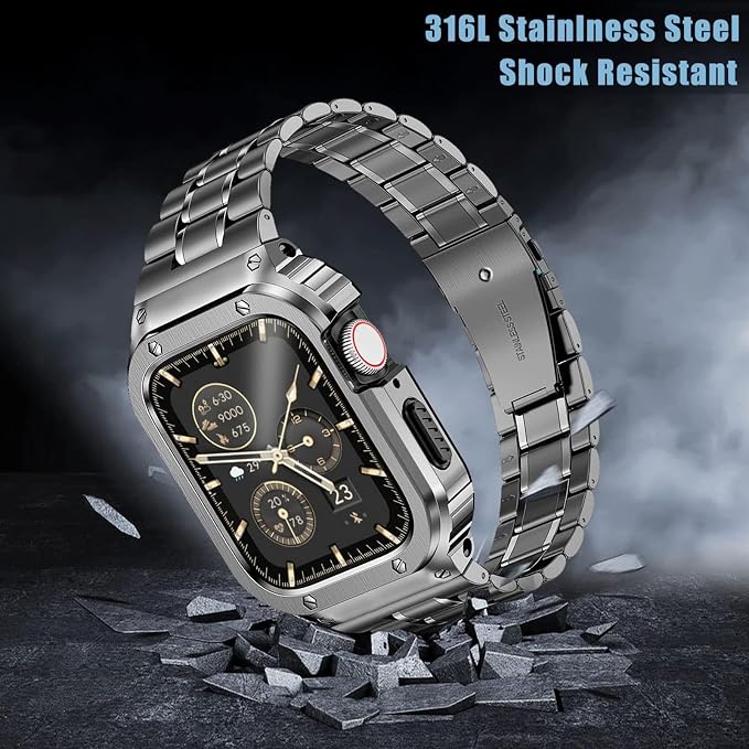 MioHHR Stainless Steel Watch Band with Case Compatible for Apple Watch Bands 38/40/41 mm,Rugged Strap with Metal Protective Bumper Cover for iWatch Series 9/8/7/6/5/4/SE/3/2/1 for Men(Space Grey)