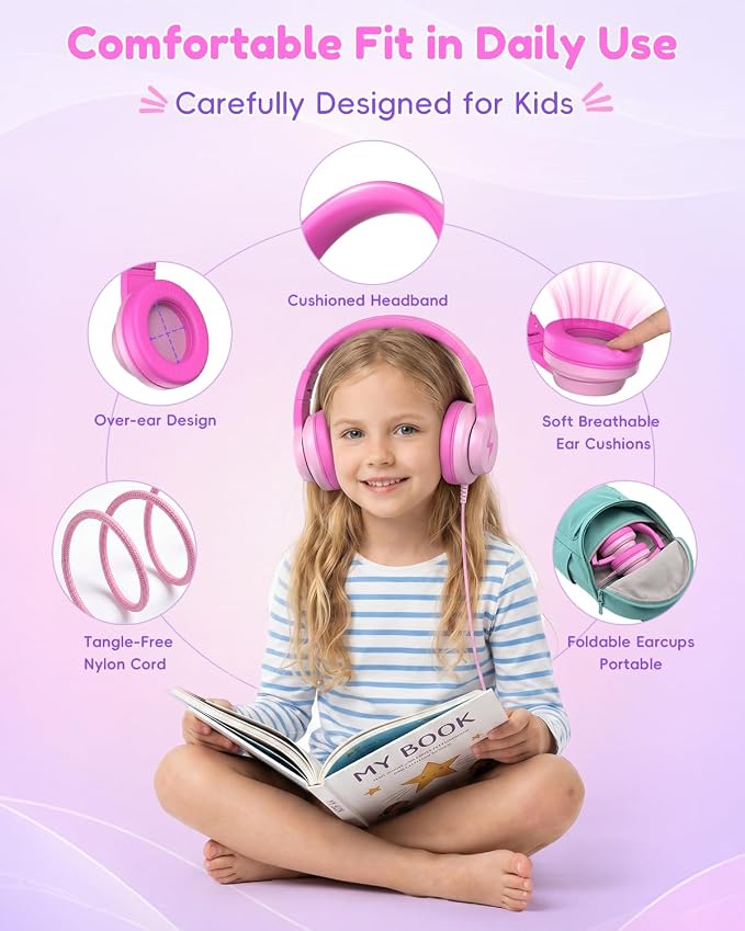 Candy Bila Wired USB C Kids Headphones, 85dB Safe Volume, HD Stereo Sound, Adjustable Headband, Foldable Over-Ear Design for School/Travel/Boys/Girls/iPad/Tablet (Gradient Rose Pink)