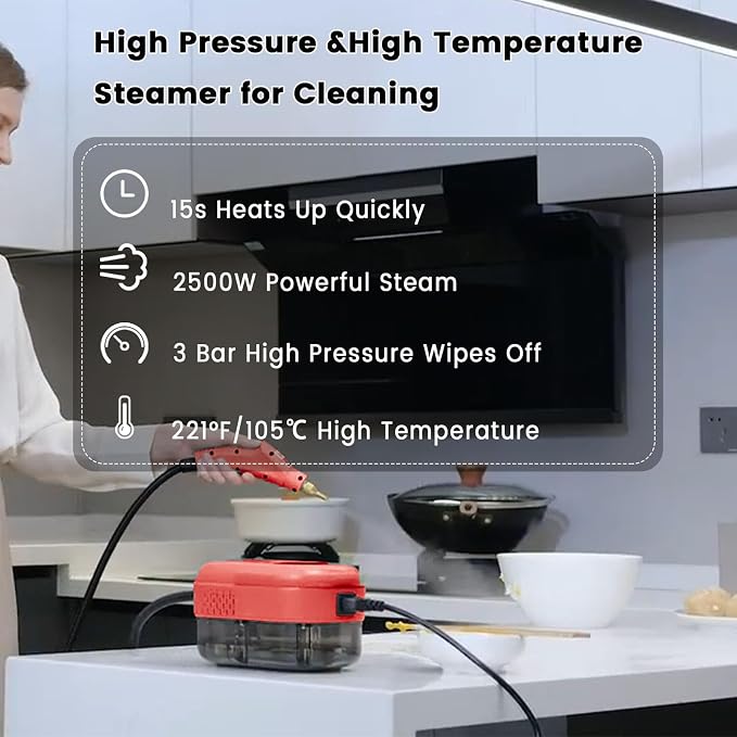 Steam Cleaner, Portable Pressurized Steamer for Cleaning with 14pcs Accessories, 6-Level Adjustable and 15s Heat-Up, Handheld Steam Cleaner for Home, Tile, Dirt, Grout, Grease, Car Detailing (5-Red)