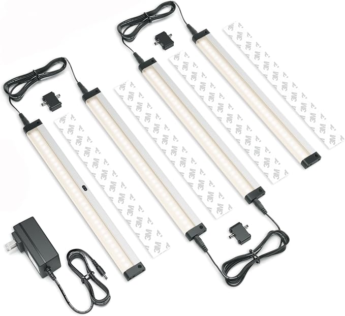 EShine Hand Wave Activated Under Cabinet LED Lighting Kit, Dimmable, 4-Pack 12 in - Touchless Dimming Control, Black Under Counter Lights for Kitchen, Garage, Shelf, Pantry - Warm White (3000K)