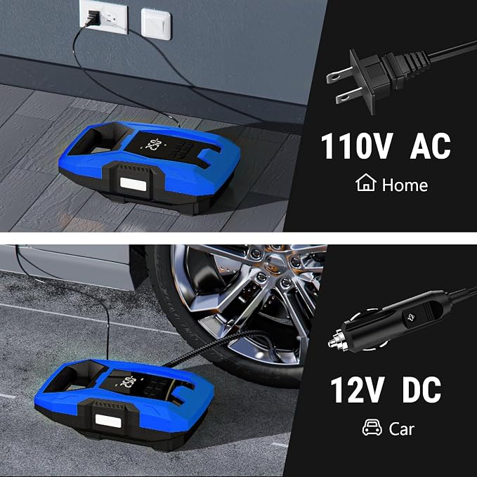 CARSUN AC/DC Tire Inflator Portable Air Compressor, Dual Power for Home 110V AC and Car 12V DC Air Pump with Pressure Gauge, Auto Shutoff, Tire Pump for Car Motorcycle Bike and Other Inflatables, Blue