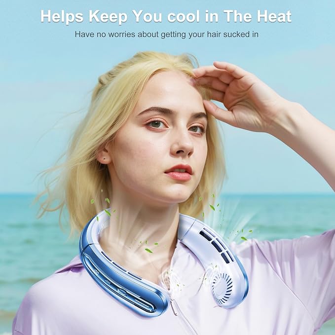Portable Neck Fans that Blow Cold Air, Rechargeable Personal Small Wearable Cooler With 3-Speed, LED Display, 5000mAh, Type-C Port, Gift For Women, Dad, Birthday, Father, Travel, Outdoor, Grey Blue