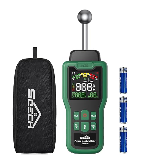 Moisture Meter, SQECH Pinless Moisture Meter with Thermometer, Flashlight, Alarm, Multifunctional Wood Moisture Meter with Color LCD, for Walls, Wood, Masonry, Caravans, Apartments