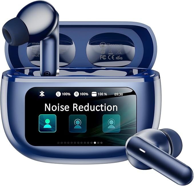 Wireless Earbuds with Smart Touchscreen Case, Bluetooth 6.0 Ear Buds with AI Noise Cancelling Calls, 40H Playtime Stereo Headphones, IPX7 Waterproof Earbuds for Workout, Travel, iPhone,Android,Blue
