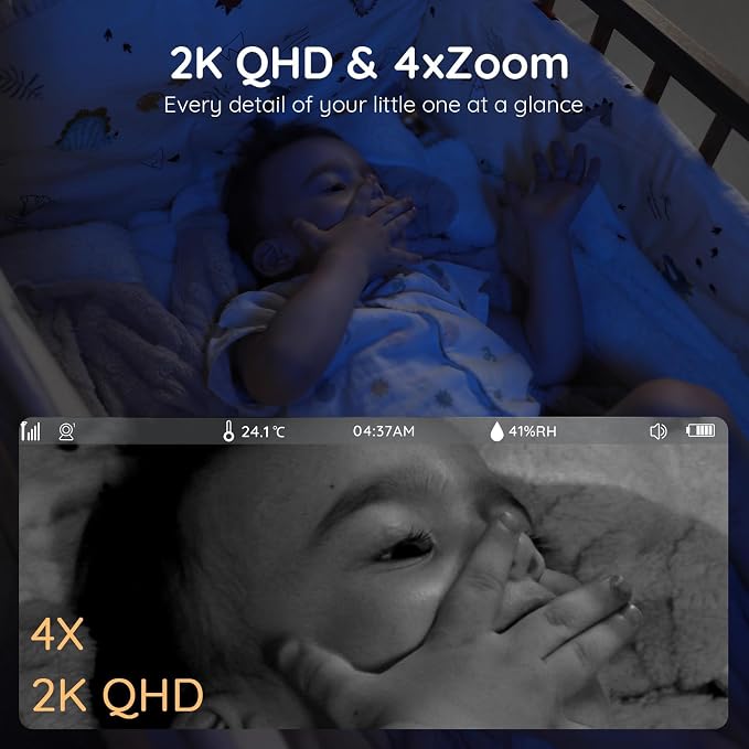 Boifun 2K Wifi Baby Monitor with 2 Cameras, Soothing Night Light, APP & 5" Split-screen Control, Motion/Cries/Noise/Customizable Alarm Zones Detect, Auto Tracking, PTZ, Humidity&Temperature Monitoring