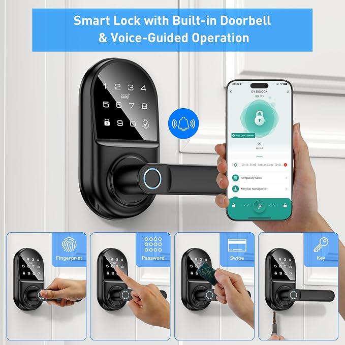 Smart keypad Door Lock with Handle，Fingerprint Keyless Entry Digital Lock with Built-in doorbell for Front Door,Bedroom,biometric Door knob, APP Control