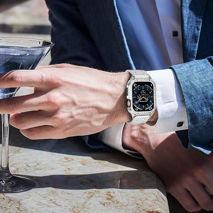 MioHHR Stainless Steel Band and Case Compatible with Apple Watch Band 45mm, Men Metal Protective Bumper Cover for iWatch Series 9/8/7, Silver Pattern