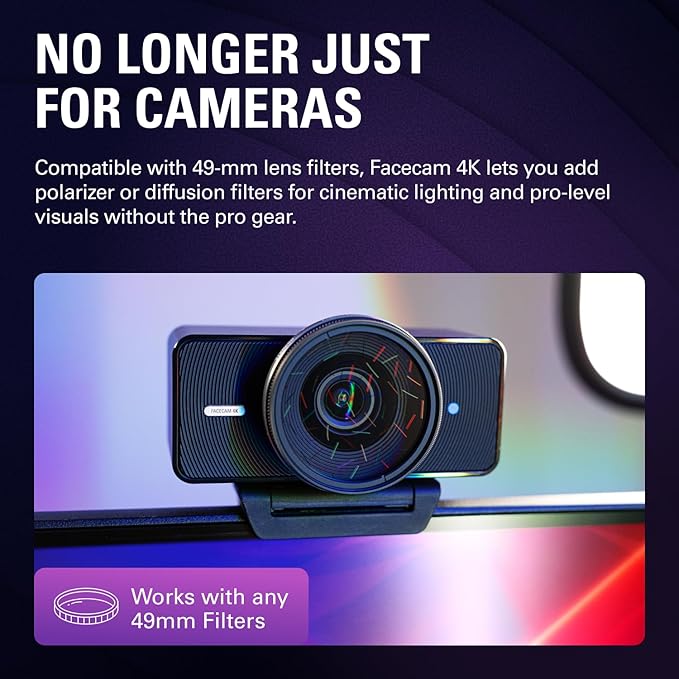 Elgato Facecam 4K - 4K60 Studio Webcam, DSLR-Like Control, Cinematic Effects, 49mm Lens Filters, HDR, Uncompressed Video, Optimized Focus Area | USB-C for PC & Mac | Sony Sensor, 49mm Lens Filter Support, Cinematic Effects, No Compression, Works with O...