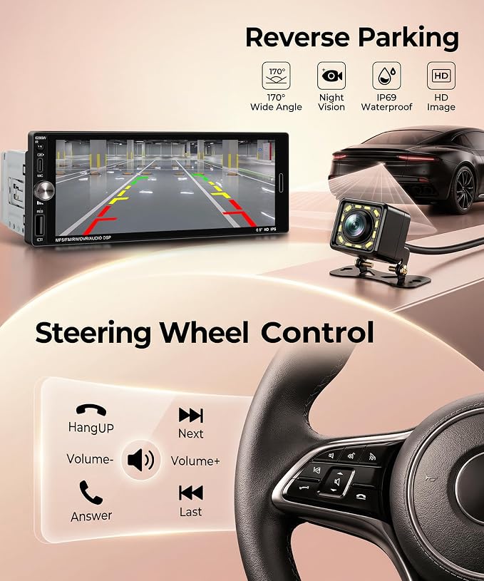 Single Din Car Stereo Wireless Carplay Android Auto, Car Stereo Receivers Bluetooth 5.2, 6.9" IPS Touchscreen Radio 1 Din, Backup Camera, Mirror Link, SWC, FM EQ USB Type-C
