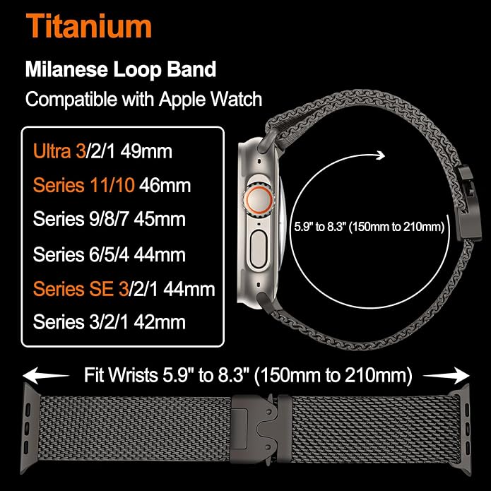 Dhwazz Titanium Milanese Loop Band for Apple Watch Ultra 3 2 1 49mm, Parachute-Buckle Strap for iWatch Series 11 10 9 8 7 6 5 4 46mm 45mm 44mm / SE 3 2 1 Men Women