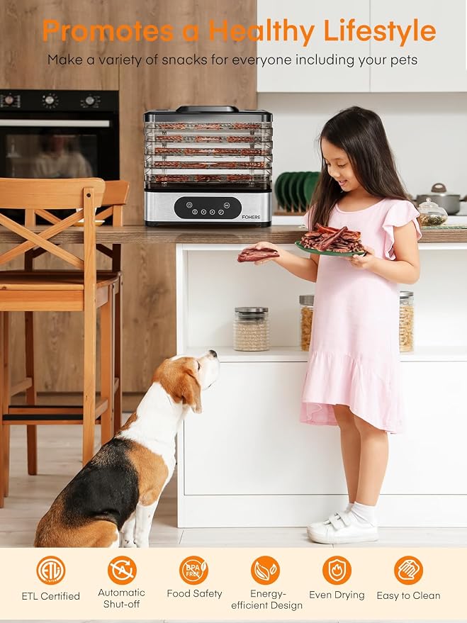 FOHERE Food Dehydrator, 5 BPA-Free Tray Dehydrators for Food and Jerky, Fruit, Herbs, Meat, Dog Treats, 48H Timer and 95-158°F Temperature Control, 400W Dehydrator Machine, 11.42" Stackable Trays
