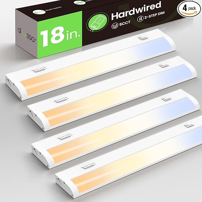 ALUSSO 18 Inch LED Under Cabinet Lighting Hardwired 120V, 5CCT Color Selectable 2700K-5000K Dimmable 10W 800LM High Brightness, CRI 90+ Strip Linkable Under Counter Lights for Kitchen Sink, 4 Pack