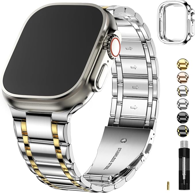 Fullmosa Bands Compatible with Apple Watch Band 49mm Ultra3 2 1, Stainless Steel iWatch Band with Case for Apple Watch, Silver and Gold