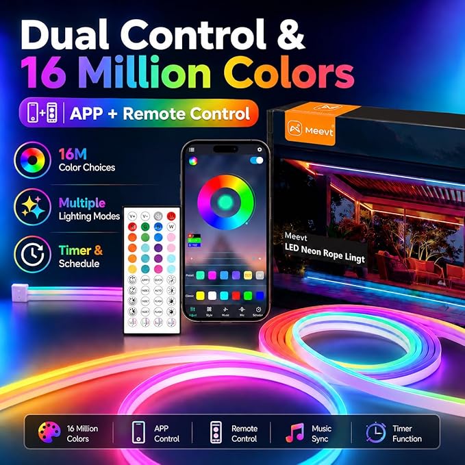 16.4Ft RGB Neon Rope Lights, 360 LEDs 24V Side-Emitting LED Strip Lights with App and Remote Control, 360° Bendable Flexible DIY Neon Sign Lights with Music Sync for Gaming Room, Desk, Bedroom