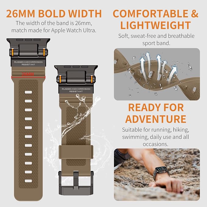 FOAMUNOC Rugged Band Compatible with Apple Watch Ultra 3/2/1 Band 49mm/46mm/45mm/44mm/42mm, Metal Connector with Strap for iWatch Ultra Series 11/10/9/8/7/6/SE3/SE2/SE/5/4/3/2/1, Desert Tan/Black