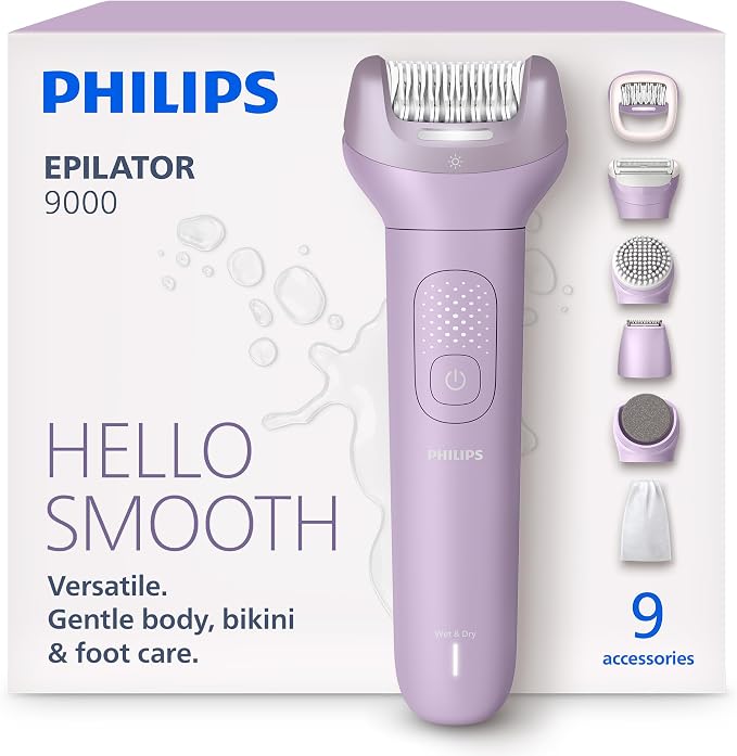 Philips Epilator Series 9000 - Cordless Wet and Dry Electric Epilator, Hair Removal for Legs, Body and Bikini, with ProGuide, 9 Accessories Including Pedicure Head, 60 min. Runtime, Model BRE728/00