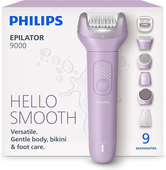 Philips Epilator Series 9000 - Cordless Wet and Dry Electric Epilator, Hair Removal for Legs, Body and Bikini, with ProGuide, 9 Accessories Including Pedicure Head, 60 min. Runtime, Model BRE728/00