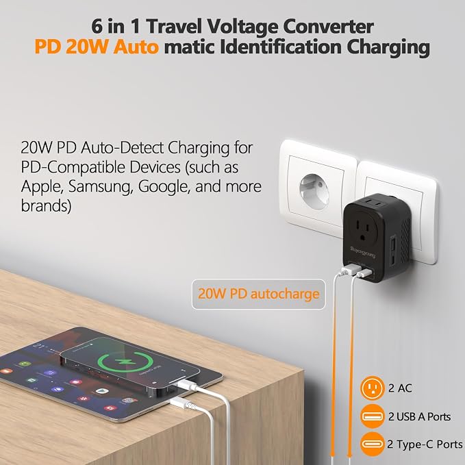 220V to 110V 20W PD Voltage Converter US to Europe International Universal Travel Adapter with 2 USB A 2 Type-C Port Worldwide Power Converters Plug Combo for Spain Italy (Black)-NB