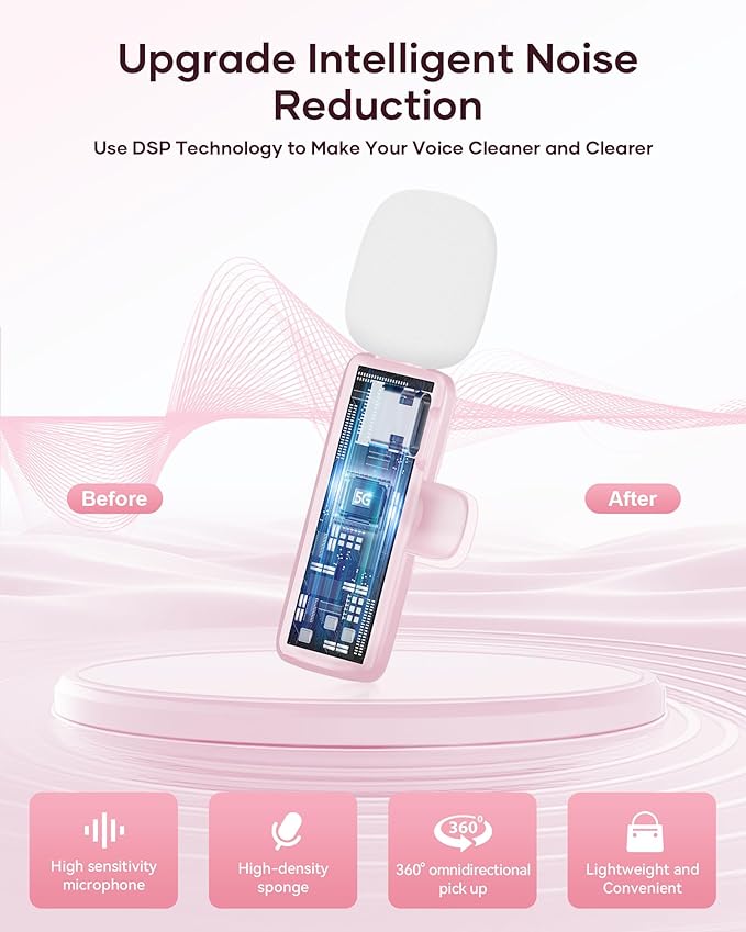 Wireless Microphone for iPhone iPad and Android Phone, 2 Pack Wireless Lavalier Lapel Mic with Noise Reduction, Plug and Play Mini Microphone for Video Recording Interview YouTube TikTok Vlog (Pink)