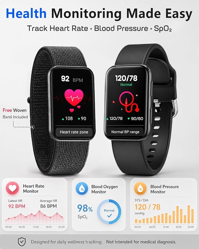 MorePro Health Fitness Tracker for Women Men, 24/7 Heart Rate Blood Pressure & Oxygen Monitoring, Sleep Tracker, 100+ Sport Modes Smart Watch, IP68 Waterproof, 2 Bands, Compatible Android iOS