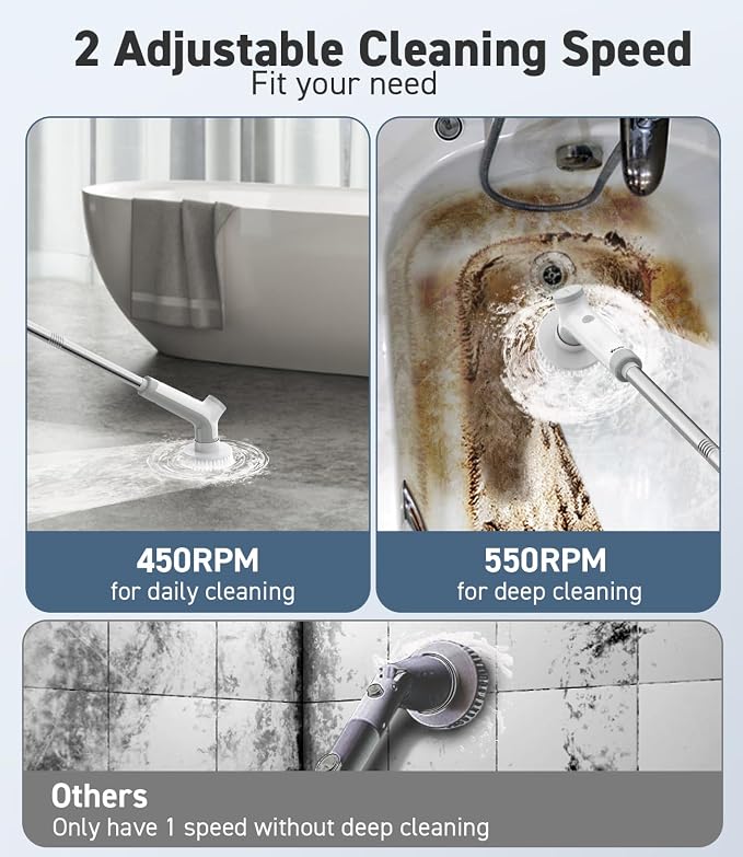 Electric Spin Scrubber, VEWIOR Cordless Shower Scrubber with 3 Adjustable Angle, Cleaning Brush with 2 Speeds 3 Replaceable Brush Heads for Bathroom Kitchen Tub