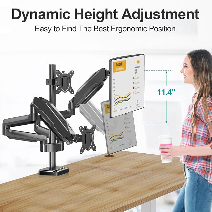 MOUNT PRO Triple Monitor Mount, 3 Monitor Desk Mount for Three Screens up to 32 Inch, Full Motion Gas Spring Heavy Duty Arm Hold up to 19.8lbs Each, Black
