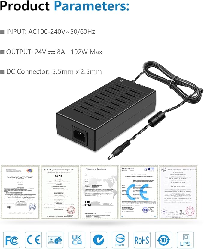 SHNITPWR 13.5FT 24V Power Supply DC 24 Volt 8A 192W AC DC Adapter 24vdc Power Adapter AC to DC Converter Transformer LED Driver with 13.5FT Super Long 5.5x2.5mm Tip for LED Strip Light CCTV Cameras