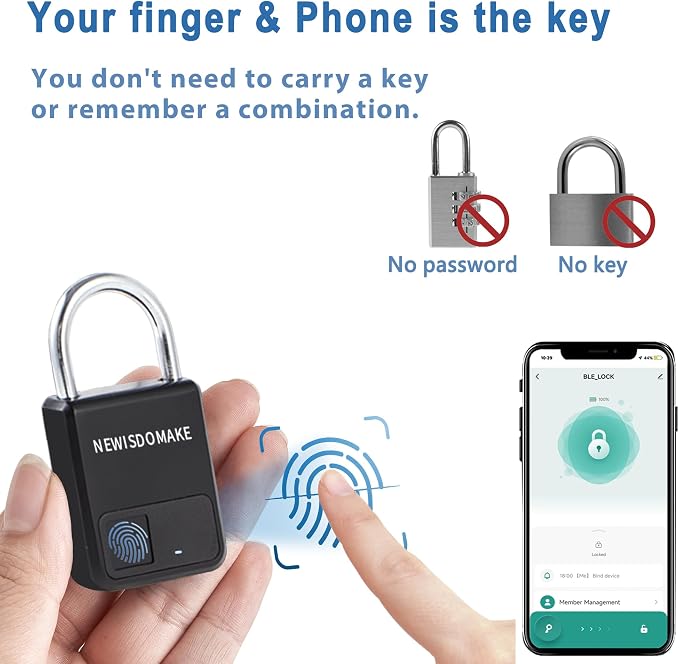 Fingerprint Padlock, Smart Padlock with Fingerprint or Remote Authorized Unlock, Biometric Lock Suitable for Luggage, Bookcase, Suitcase, Backpack, Bike, School Locker, Gym Locker Lock(Black)