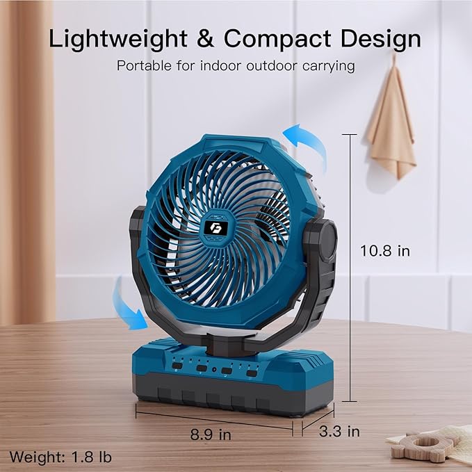FRIZCOL 3-in-1 Camping Fan - Portable Fans Rechargeable - 24000mAh Battery Powered Fan with Light for Indoor, Outdoor, Tent, Travel, Fishing, Jobsite, Gifts for Men Dad Him - Blue