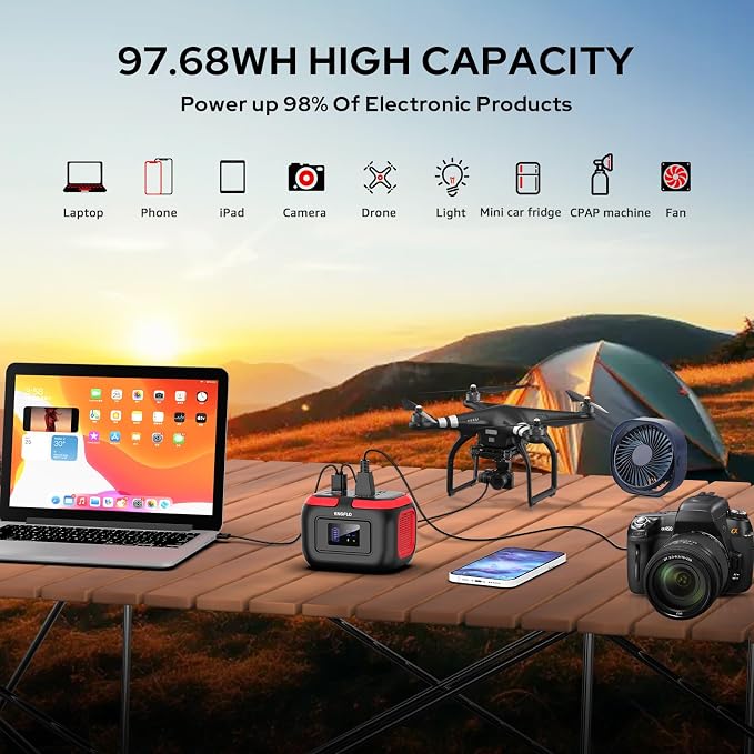 ENOFLO Portable Power Station, 97.68Wh Solar Generator, Lithium Battery Power with 110V AC 120W Peak Socket/DC/USB QC3.0/LED Light for Outdoor Indoor Use Trip Home Backup Emergency