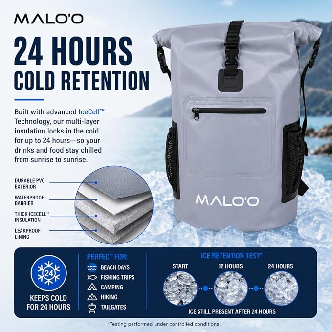 Malo’o Pro Insulated Backpack Cooler, Leakproof Soft Cooler Backpack for Camping, Fishing, Hiking, Kayaking, Beach
