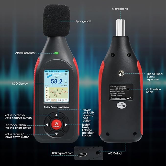 Decibel Meter Digital Sound Level Reader,Data Logger Sound Decibel Meter with 43,000 Data Record Function, 3-Color Alarm, A/C Frequency&DC Output, 30-130dB Portable Noise Meter for Home, Factory