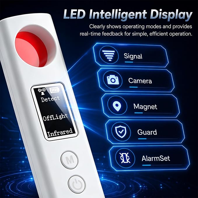 Hidden Camera Detector, 6-in-1 Camera Finder w/LED Screen, GPS Tracker & Bug Detector, Portable Privacy Protection for Travel, Office, Hotel, Car (White)