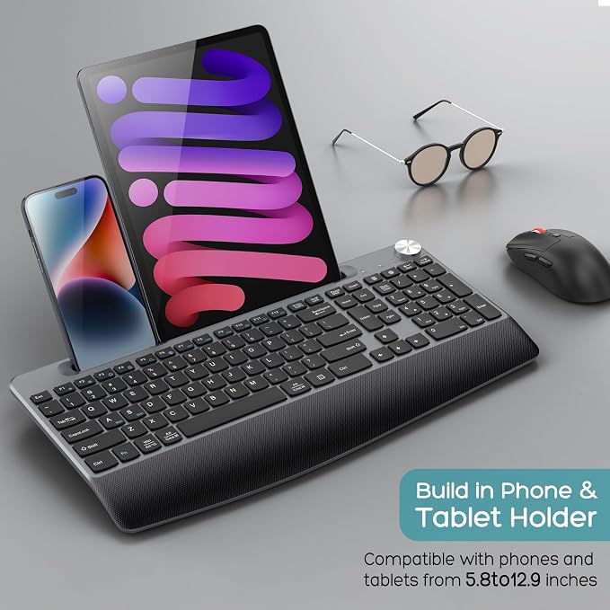 GAMCATZ Ergonomic Wireless Keyboard and Mouse with Wrist Rest，Phone Holder - 2.4GHz Full-Sized Low-Profile Quiet Gold Wireless Mouse and Keyboard Combo for Computer, Laptop, PC, Mac-Gold