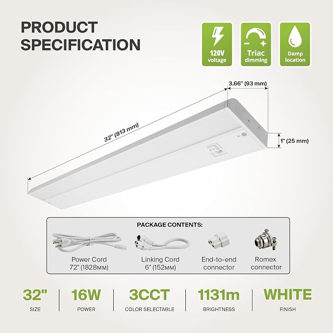 ASD LED Under Cabinet Lighting Plug in or Hardwired 32 Inch, Dimmable Under Cabinet Lights with High/Low/Off Switch, 3CCT 2700K-4000K, Linkable Under Counter Lights for Kitchen, ETL Listed, White
