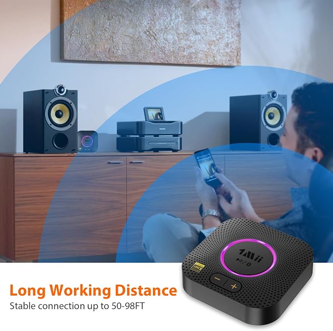 1Mii B06S+ LDAC Bluetooth 5.3 Receiver for Home Stereo Hi-Res Music Streaming, Hi-Fi Wireless Audio Adapter with aptX HD/LL, Long Range, Volume Control, RCA/3.5mm AUX Outputs