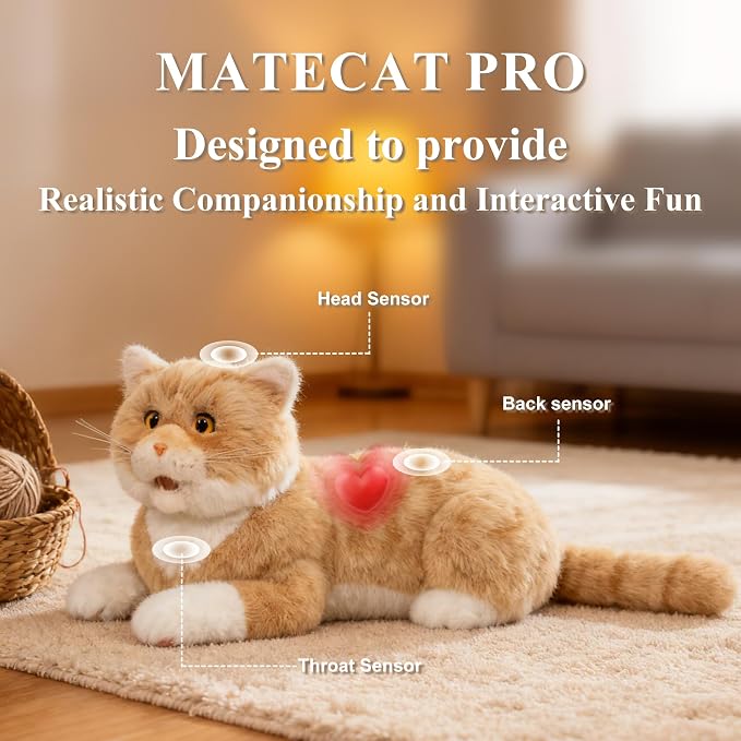 Chongker 24.8" Interactive Robot Cat Plush Realistic Stuffed Animals, Companion Robotic Cat with Meow Purring Heartbeat, Eye Mouth Ear Movement, Kitten Electronic Kitty Toy for Seniors