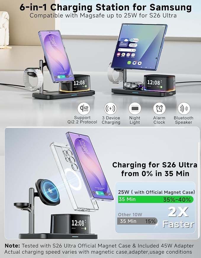 6-in-1 Magnetic Charging Station for Samsung,Qi2.2 25W Fast Wireless Charger for S26 Ultra,Alarm Clock/Night Light/Bluetooth Speaker,Charger Stand for Magsafe for S26 Plus/S25/Z Fold7&Galaxy Watch 8/7