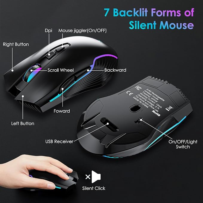 Lighted up Full Size 2.4G Wireless Keyboard and Mouse Combo, Rechargeable,with 7 Colored Backlits &Phone Holder &Wrist Rest &jiggler Mouse,for Mac Windows Laptop PC (Keyboard and Mouse Set)