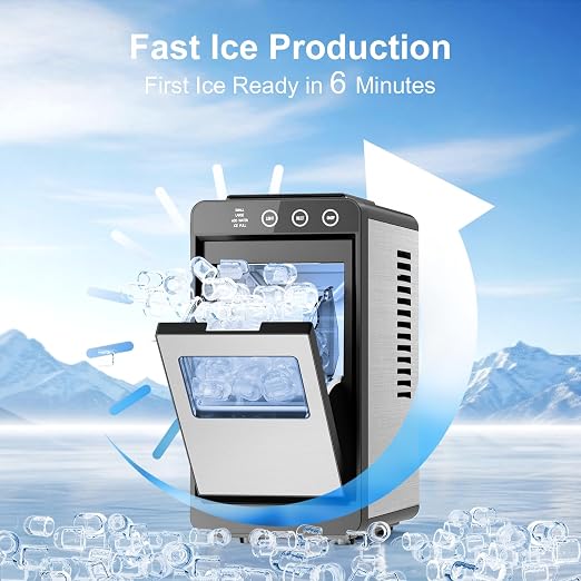 Kismile Countertop Ice Maker, 8 Bullet Cubes in 6 Mins, 26.5lbs in 24Hrs, 2 Ice Sizes, Self-Cleaning Portable Ice Maker with Basket and Scoop, for Home/Office/Camping/RV, Stainless Steel