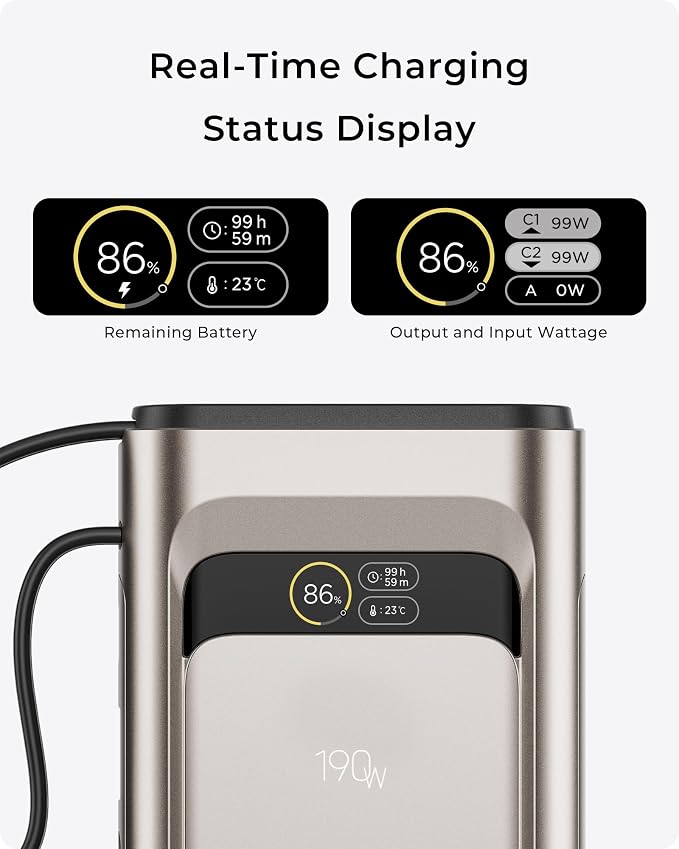2026 FIFA Licensed 190W 20000mAh Power Bank for Laptop Portable Charger,3-Port USB-C Fast Charging Battery Pack with Built-in USB-C Cables for MacBook,Cell Phones,iPhone 17,iPad,Android,Samsung
