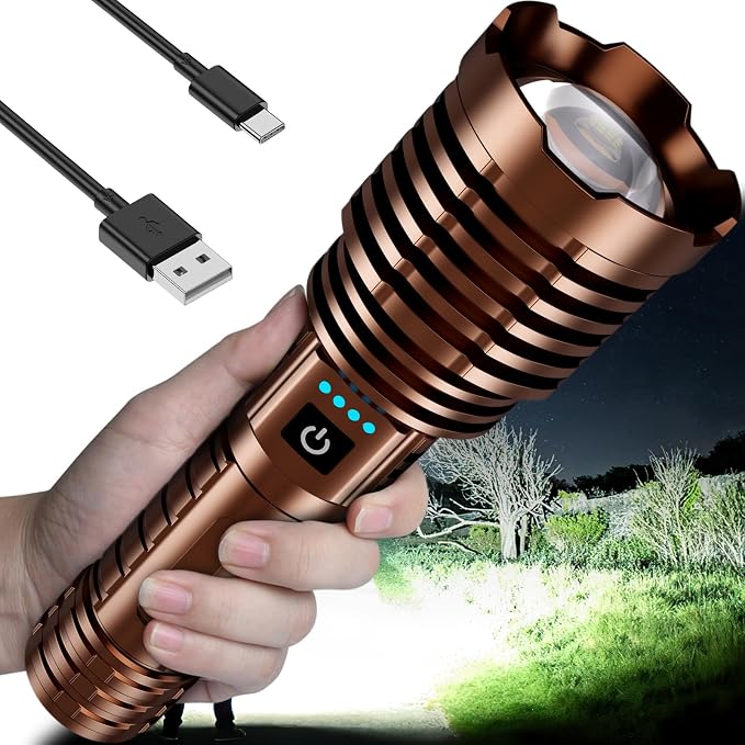 baibian Rechargeable Flashlight 100,000 High Lumens, Super Bright Flashlights high Powered, Handheld Waterproof Tactical LED Flashlight-Zoomable 5 Modes-31H Runtime for Emergency Camping (Coffee)