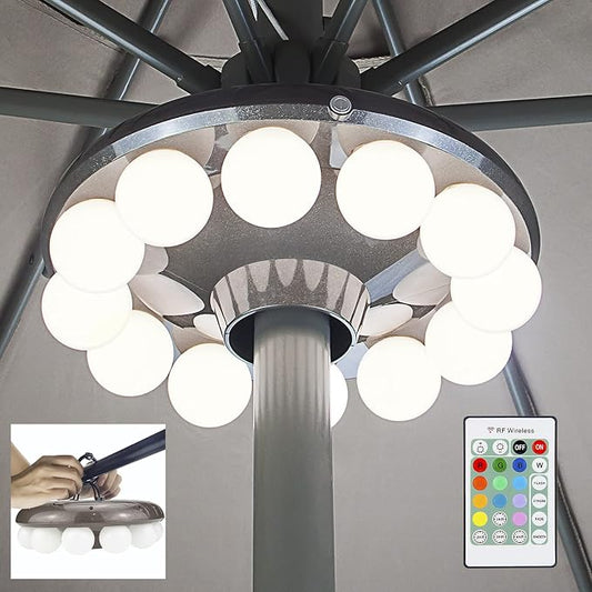 LUXSWAY Patio Umbrella Lights Battery Operated,12 Color Changing Outdoor Umbrella Light for Pole with Remote,48 LEDs,4 Modes,4 Timer Setting,10 Inch Camping Hanging Lights