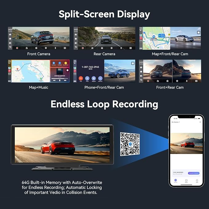 Portable Apple Carplay Screen for Car, 10" Wireless Car Play Touchscreen with 4K Dash Cam, 1080P Backup Camera, Carplay&Android Auto, Loop Recording, GPS Navigation, Bluetooth