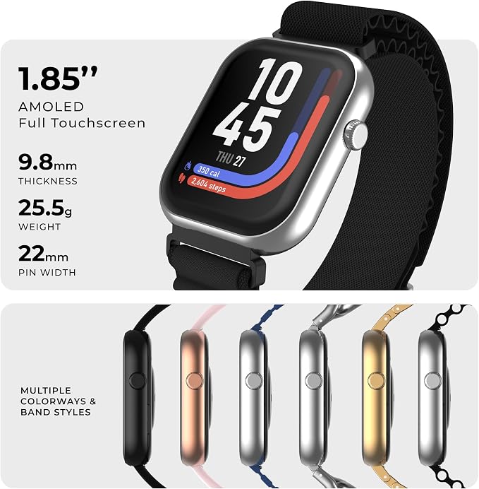 iTouch AIR 5 Smartwatch, 1.85" AMOLED Display, Bluetooth Calling, 100+ Sports Modes, Heart Rate, SpO2, Sleep & Stress Tracking, Water Resistant, 7-Day Battery Life, for Android & iPhone