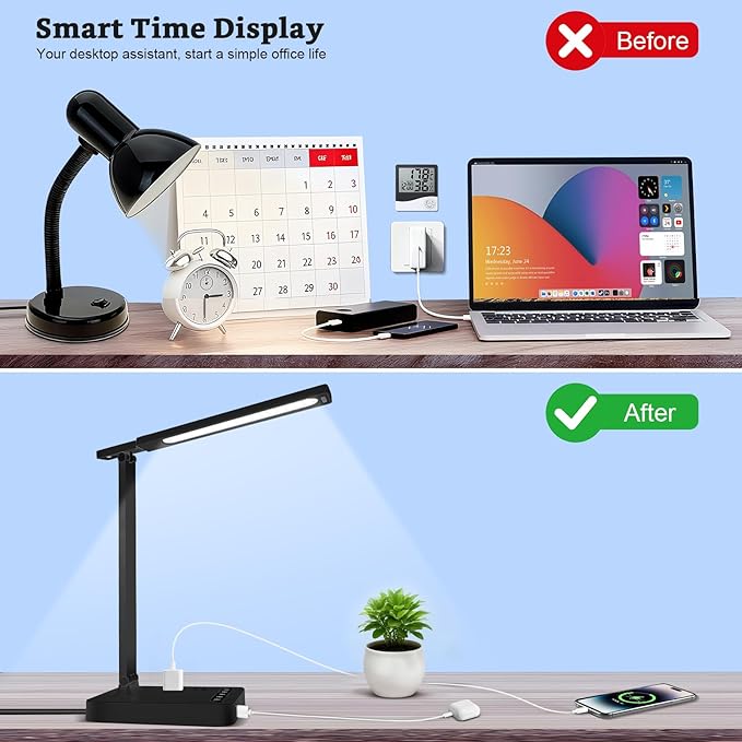 Smart Desk Lamp with 4-in-1 Charging Station (2 AC outlets, Type-C, USB-A ports), 5 color temperatures and 5 brightness levels, adjustable gooseneck arm, eye-friendly lighting for desks, bedrooms