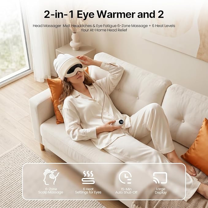 Head and Eye Massager 2 in 1 Electric Head Massager 6 Zone Kneading 6 Level Heat Remote Controller Rechargeable Portable View Window for Migraine Tension Headache Eye Strain Relief GIF