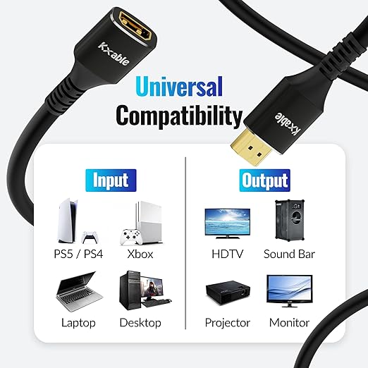 8K HDMI Extension Cable 30 FT, HDMI 2.1 Ultra High Speed Male to Female Cord Adapter, 24AWG OFC Conductor, Compatible with Roku TV Stick PS5 PS4 Xbox Laptop PC Player Google Chromecast Wii U HDTV